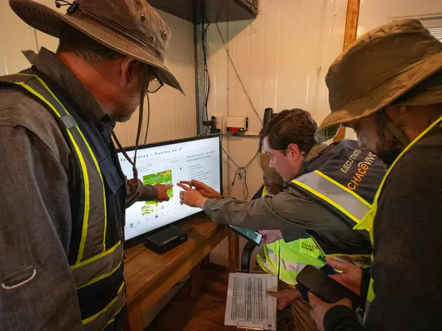 Team members in high-visibility vests lean in to a wall screen showing a project-area land-cover map, one pointing at the legend while others compare satellite imagery on their phones and hold a printed data sheet